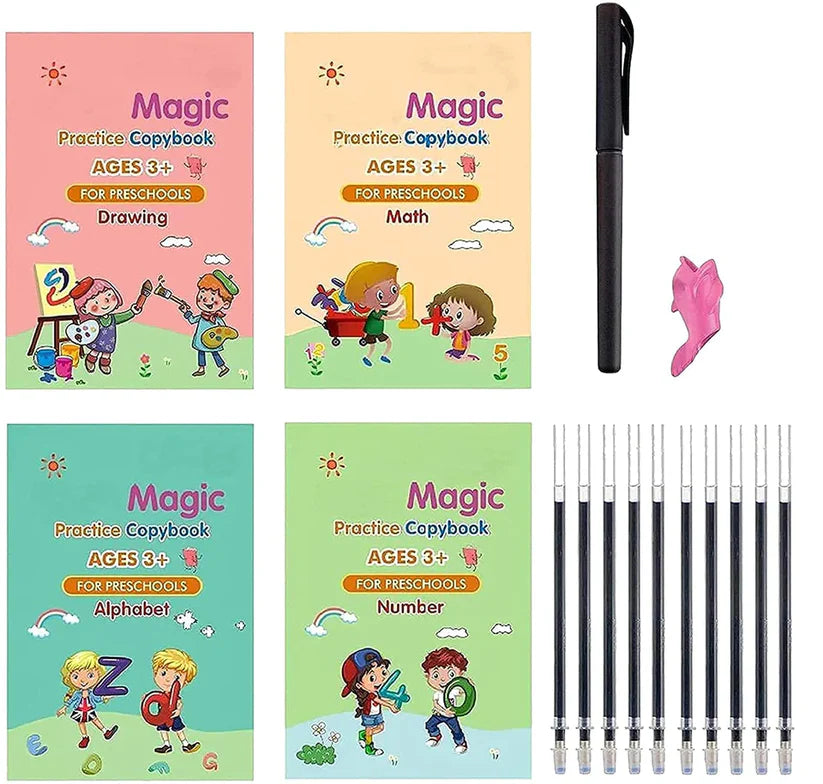 Kids Magic Practice Book Set (4 Pcs) | Reusable Handwriting Books with Magic Pen