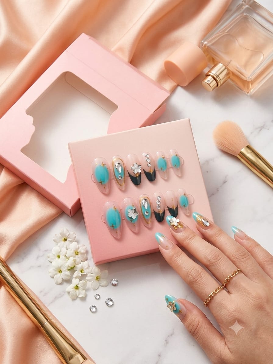 Pack of 2 3D Floral Glitter Press-On Nails – Luxury Nail Set