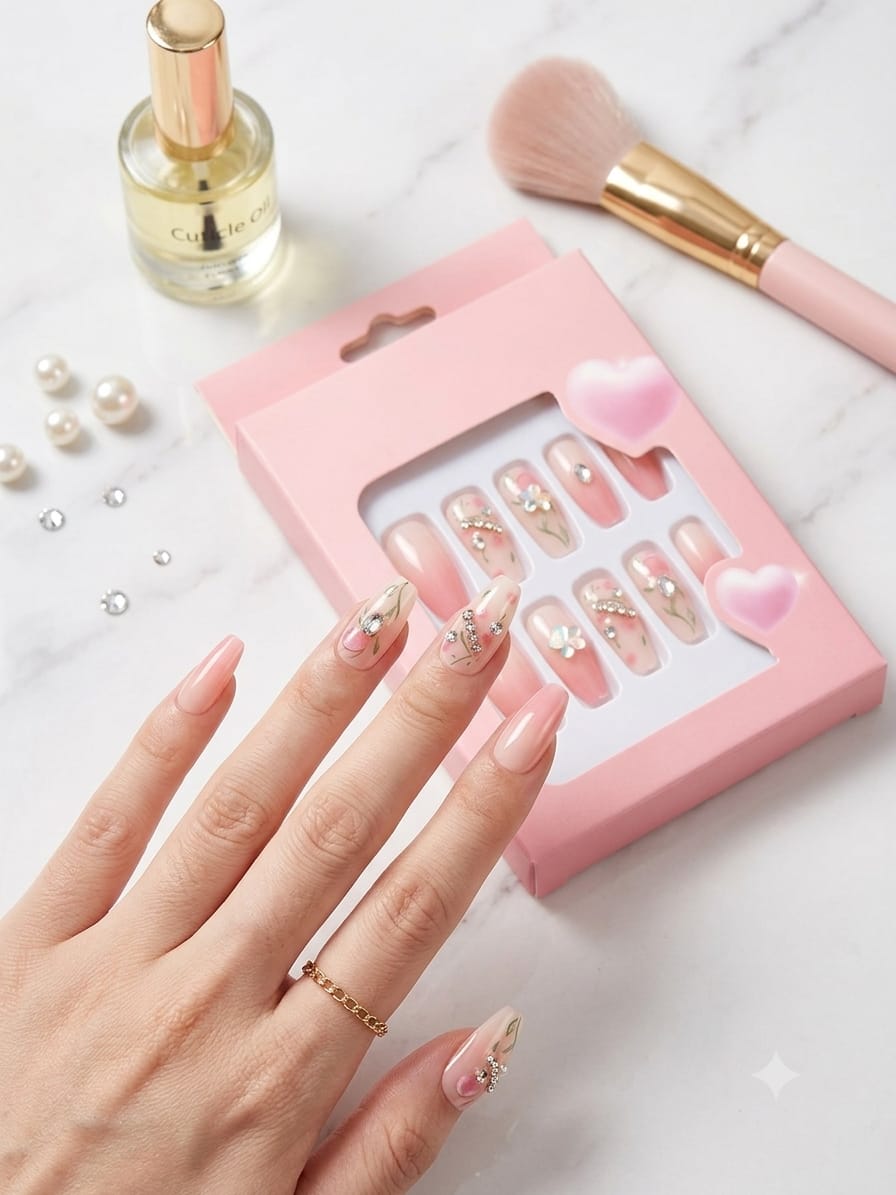 Pack of 2 3D Floral Glitter Press-On Nails – Luxury Nail Set