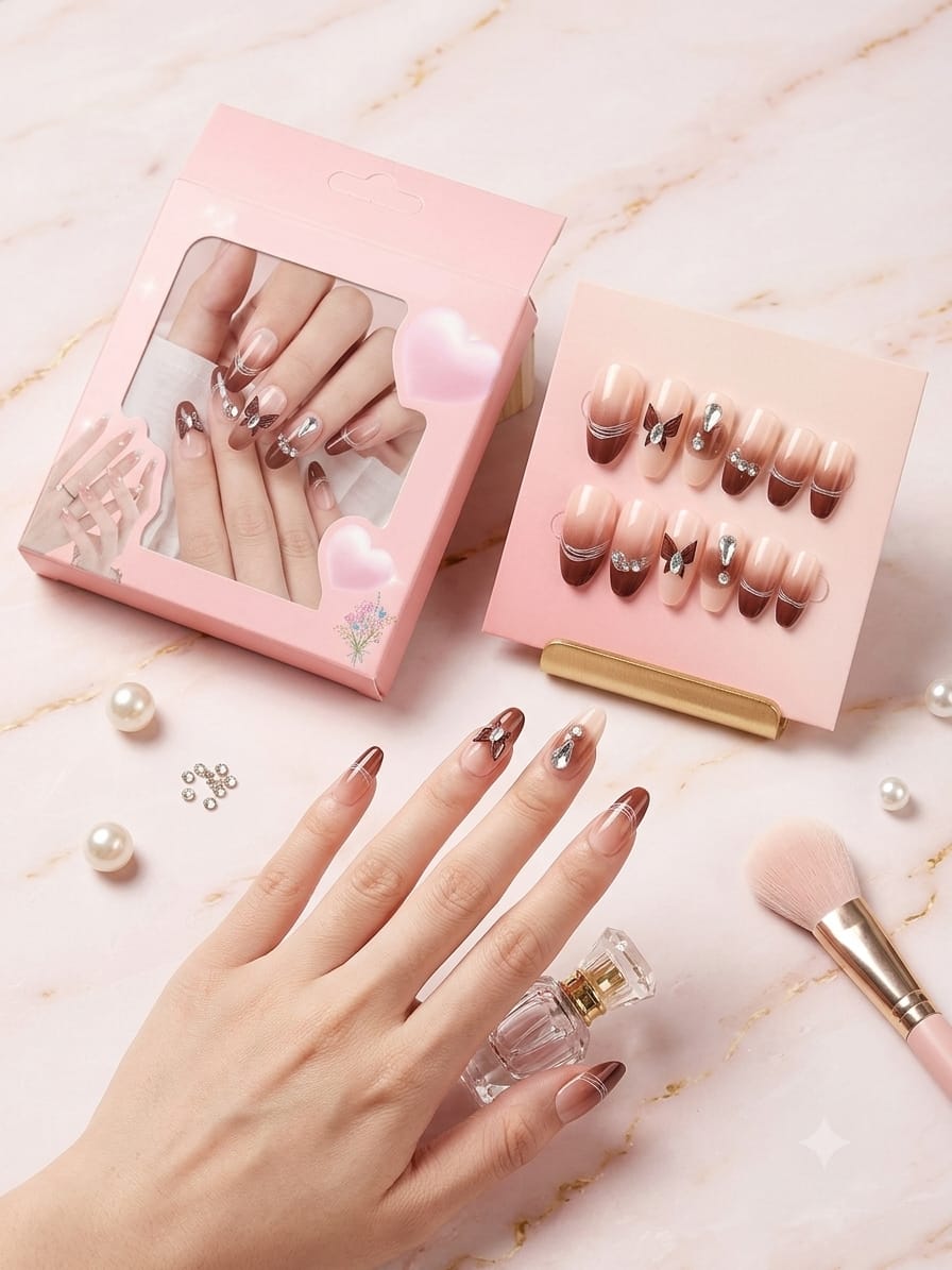 Pack of 2 3D Floral Glitter Press-On Nails – Luxury Nail Set