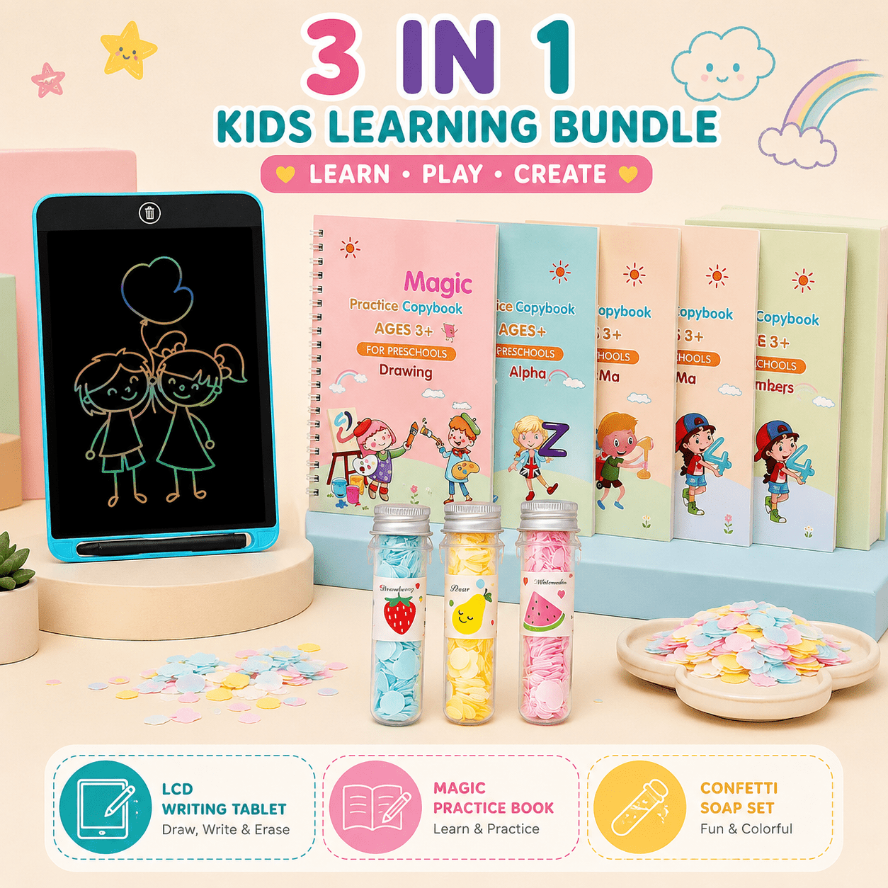 Kids Learning Bundle Magic Book LCD Tablet Soap Set