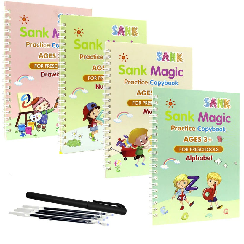 Kids Magic Practice Book Set (4 Pcs) | Reusable Handwriting Books with Magic Pen