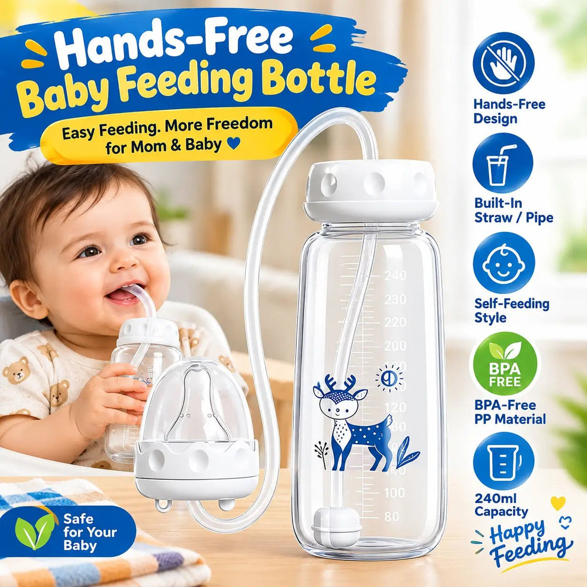 Hands-Free Baby Feeding Bottle with Straw – Self Feeding Bottle 240ml