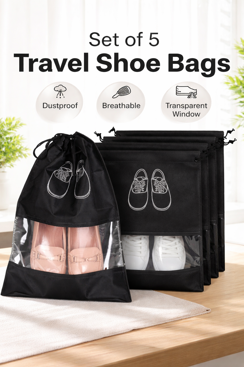 Set of 5 Travel Shoe Storage Bags – Dustproof Drawstring Shoe Organizer with Transparent Window