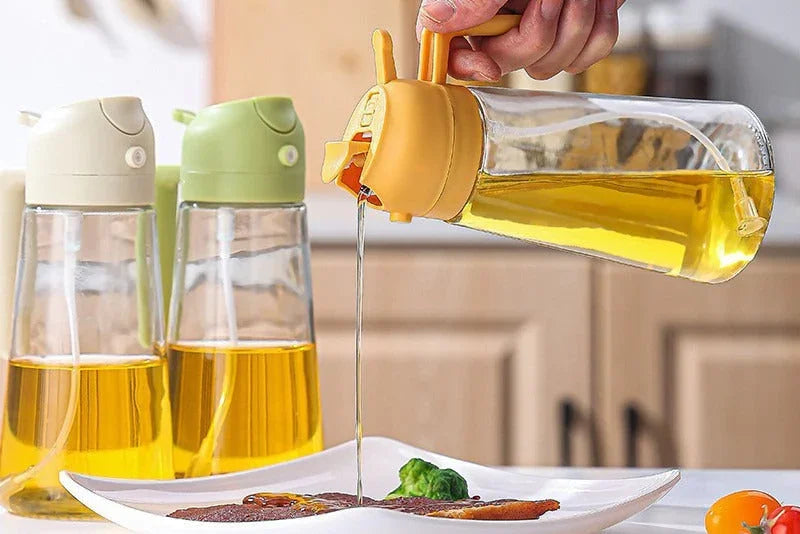 Pouring cooking oil from yellow-lidded glass bottle onto steak with broccoli on white plate in kitchen