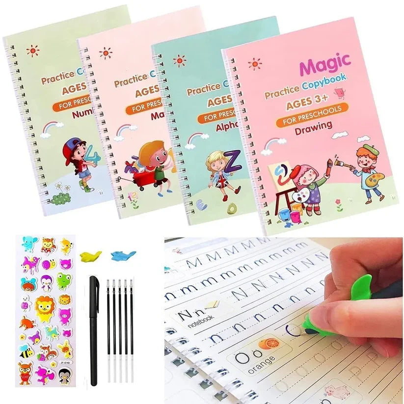 Kids Magic Practice Book Set (4 Pcs) | Reusable Handwriting Books with Magic Pen